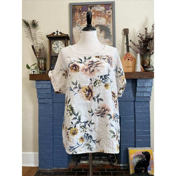 Lungo Larno Floral Linen Top Size 1X Cap Sleeve Lightweight Boho XL Lagenlook - Picture 1 of 13